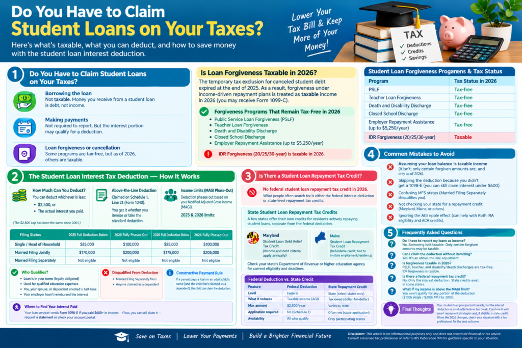 Student loan taxes infographic explaining loan forgiveness, student loan interest deduction, and 2026 tax rules