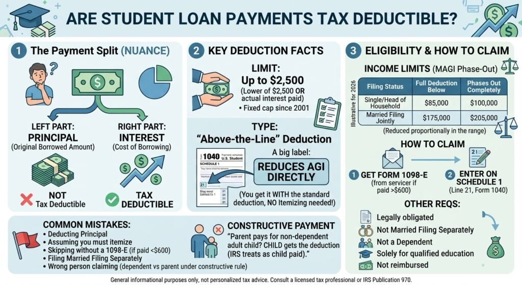 An informative infographic that breaks down the tax deductibility of student loan payments.Key Deduction Facts, including the $2,500 limit,Eligibility & How to Claim, with an income limits table, a two-step claiming process, other requirements, common mistakes, and the constructive payment rule. Modern design with financial icons.