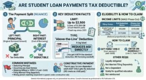 An informative infographic that breaks down the tax deductibility of student loan payments.Key Deduction Facts, including the $2,500 limit,Eligibility & How to Claim, with an income limits table, a two-step claiming process, other requirements, common mistakes, and the constructive payment rule. Modern design with financial icons.
