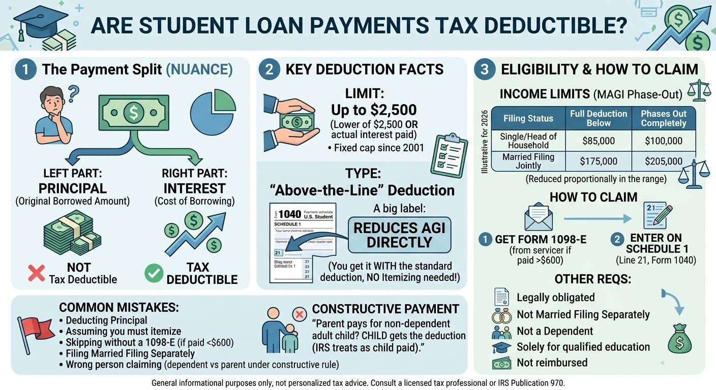 An informative infographic that breaks down the tax deductibility of student loan payments.Key Deduction Facts, including the $2,500 limit,Eligibility & How to Claim, with an income limits table, a two-step claiming process, other requirements, common mistakes, and the constructive payment rule. Modern design with financial icons.
