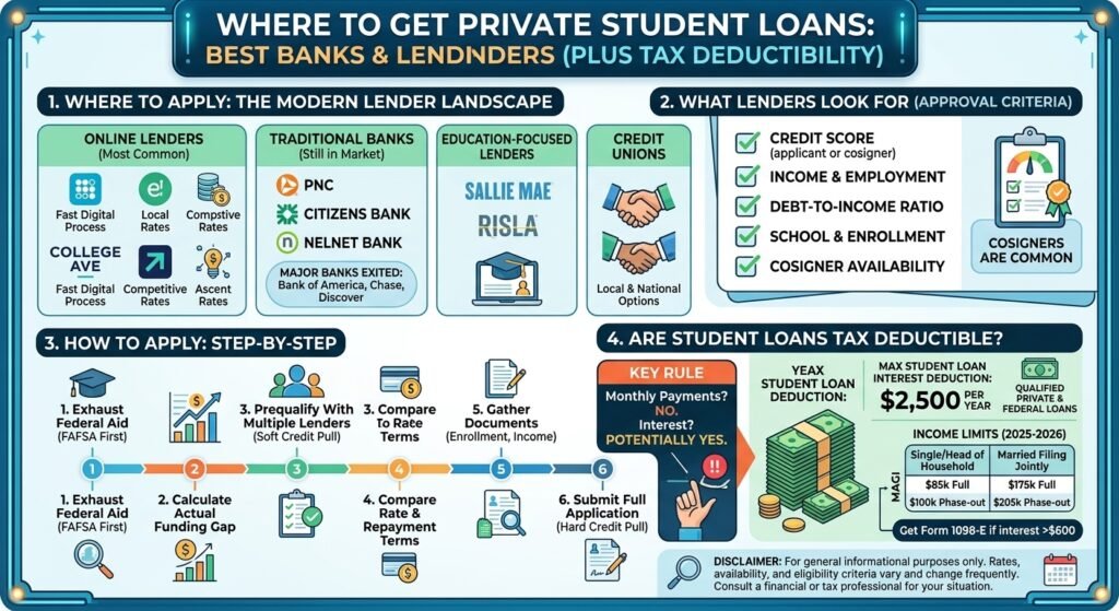 Infographic showing where to apply for private student loans in 2026, comparing online lenders, traditional banks, application steps, and student loan interest tax deduction rules.