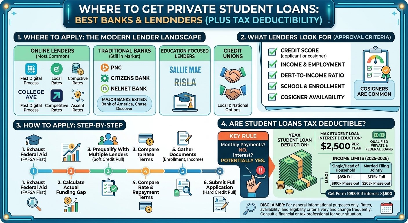 Infographic showing where to apply for private student loans in 2026, comparing online lenders, traditional banks, application steps, and student loan interest tax deduction rules.