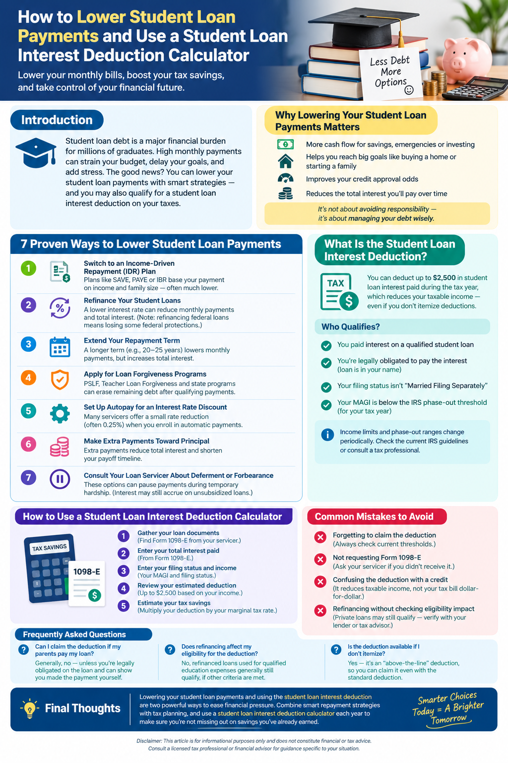 Student loan payment reduction and interest deduction calculator infographic
